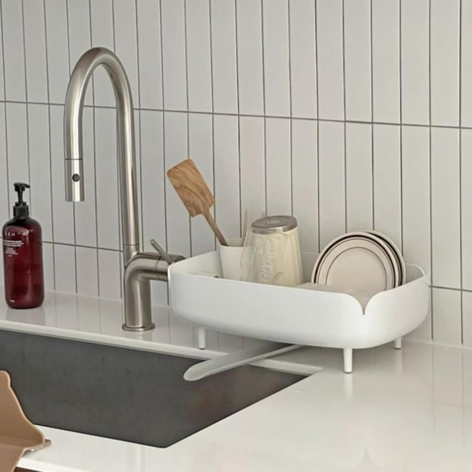 Nineware Sleek Dish Drying Rack with Spoon Holder, Compact Dish Drainer, Stylish Countertop Organizer with Drainage Spout for Small Kitchens & Apartments, Made in Korea (Cream White)