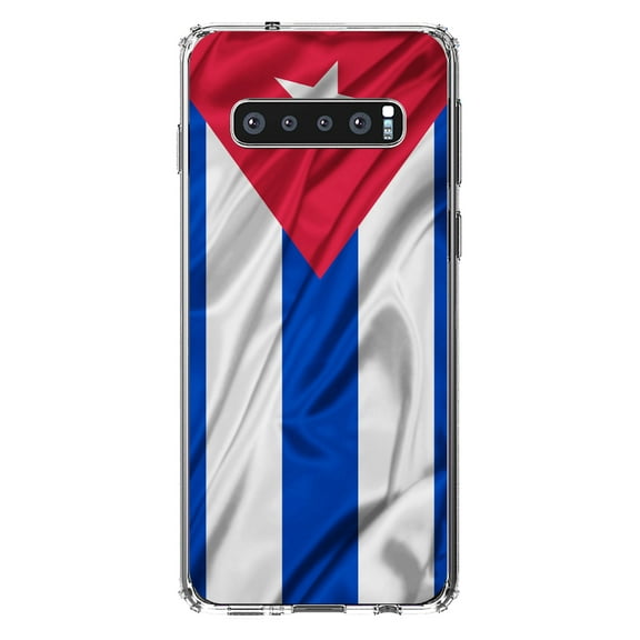 DistinctInk Clear Shockproof Hybrid Case for Samsung Galaxy S10 (6.1" Screen) - TPU Bumper, Acrylic Back, Tempered Glass Screen Protector - Red White Blue Cuban Flag Cuba