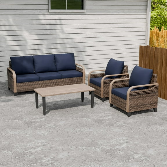 INTER HUT Modern Wicker Patio Furniture Set, Rattan Outdoor Conversation Set with Comfortable Cushions, 2 Patio Chairs, 3 Seat Couch and Coffee Table, 4 Pieces, Brown/Blue