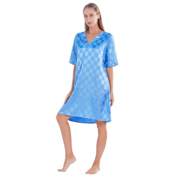 WBQ Women's Satin Nightgown Short Sleeves Argyle Patterns Lightweight Sleep Shirts Loose Sleepwear Blue Tag XXL/US 14