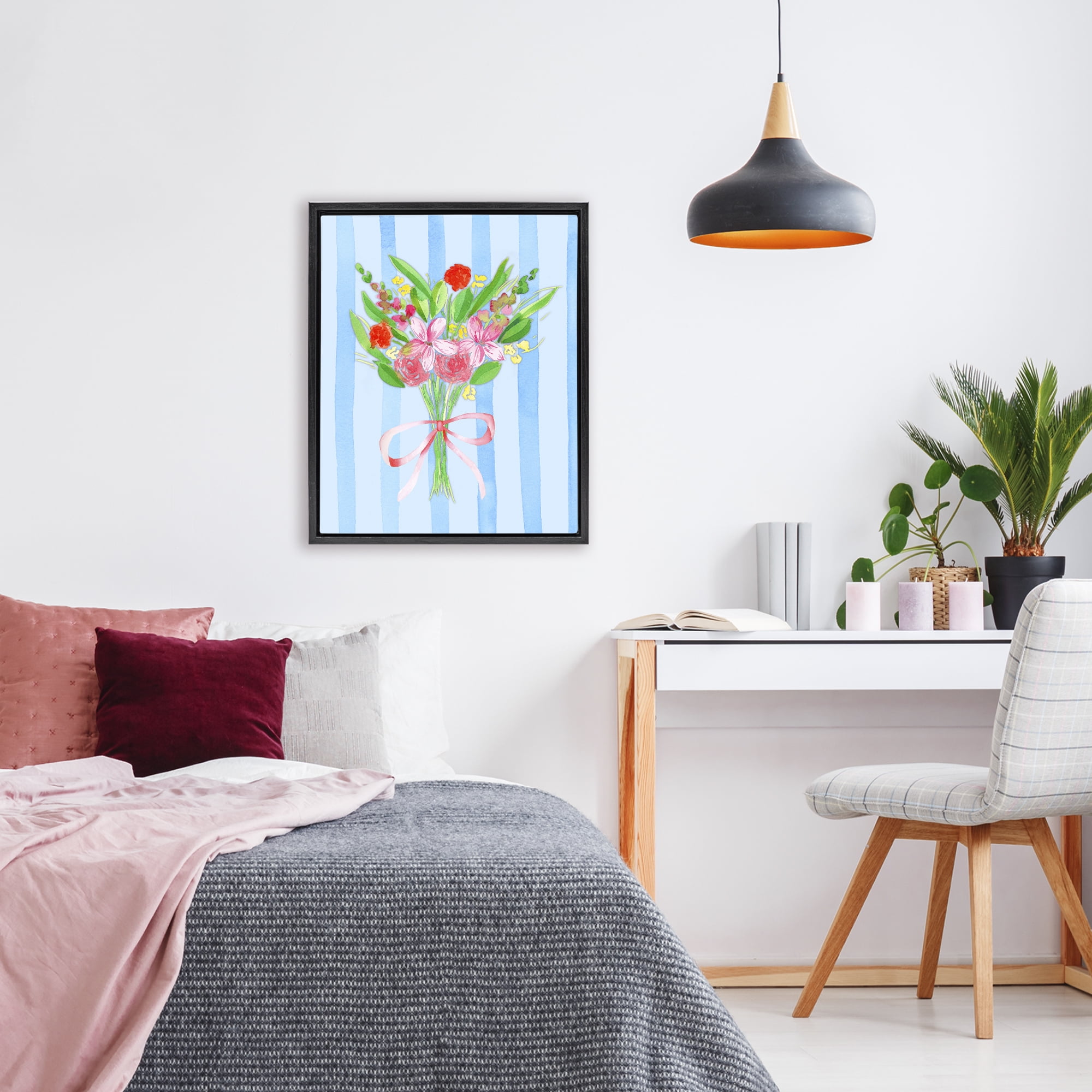 Blue and Pink Bouquet & Bow Black Framed Floater Canvas Wall Art, design by Nina Jacobs