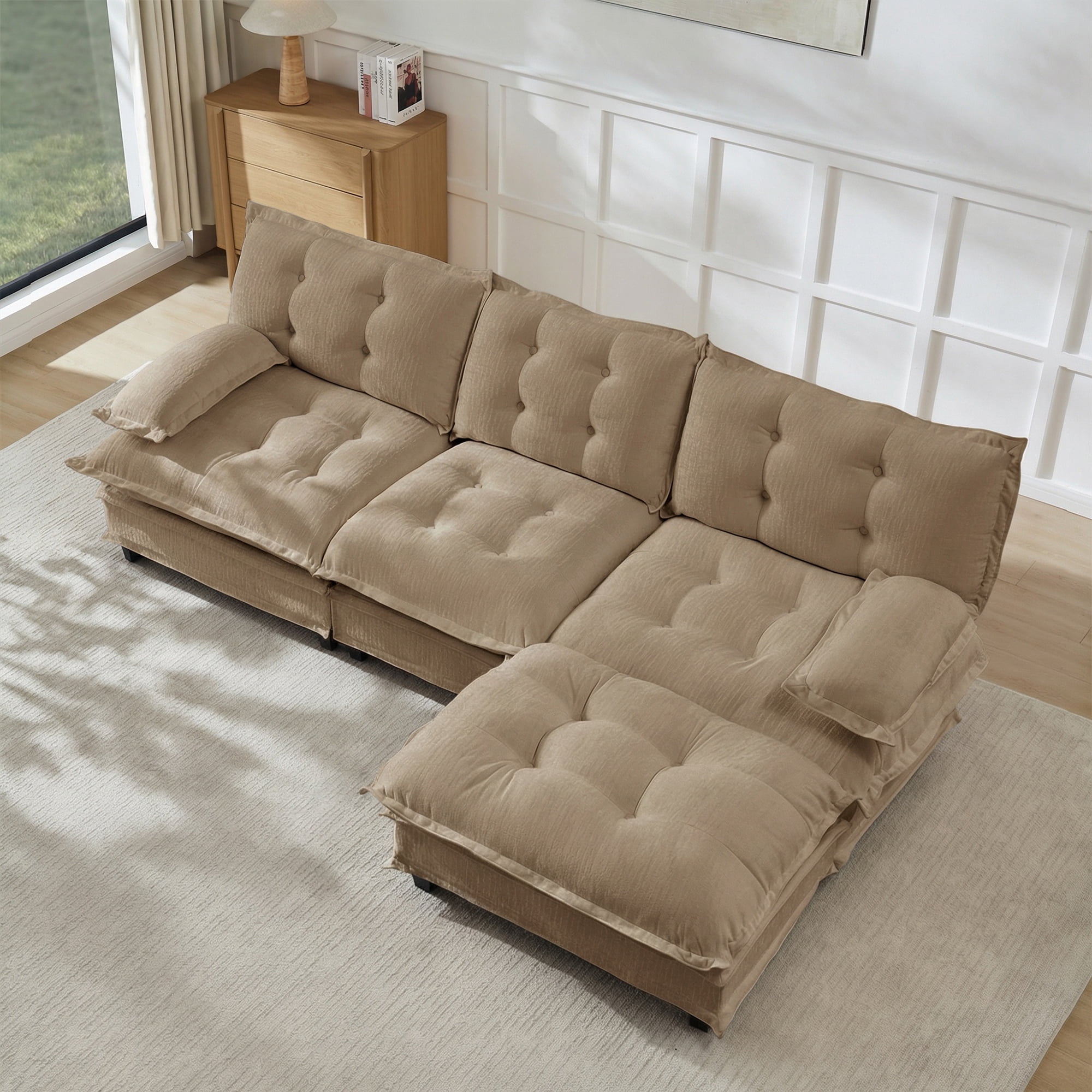 AISWORD 107" L-Shaped Modular Sectional Cloud Sofa with Ottoman, Chenille Fabric Deep Seat Couch with Lattice Decored Cushions
