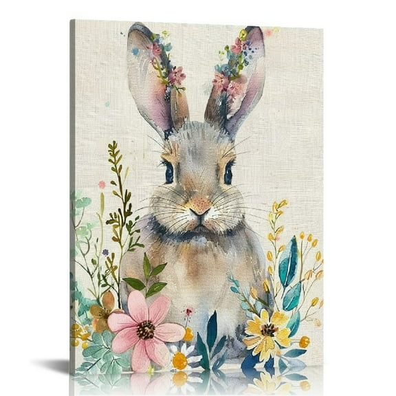 Acheng Easter Canvas Wall Art, Bunny Cute Rabbit Flower Spring Vintage Watercolor Square Framed Paintings Print on Canvas Artwork for Bedroom Living Room Home Office Decoration picture 1