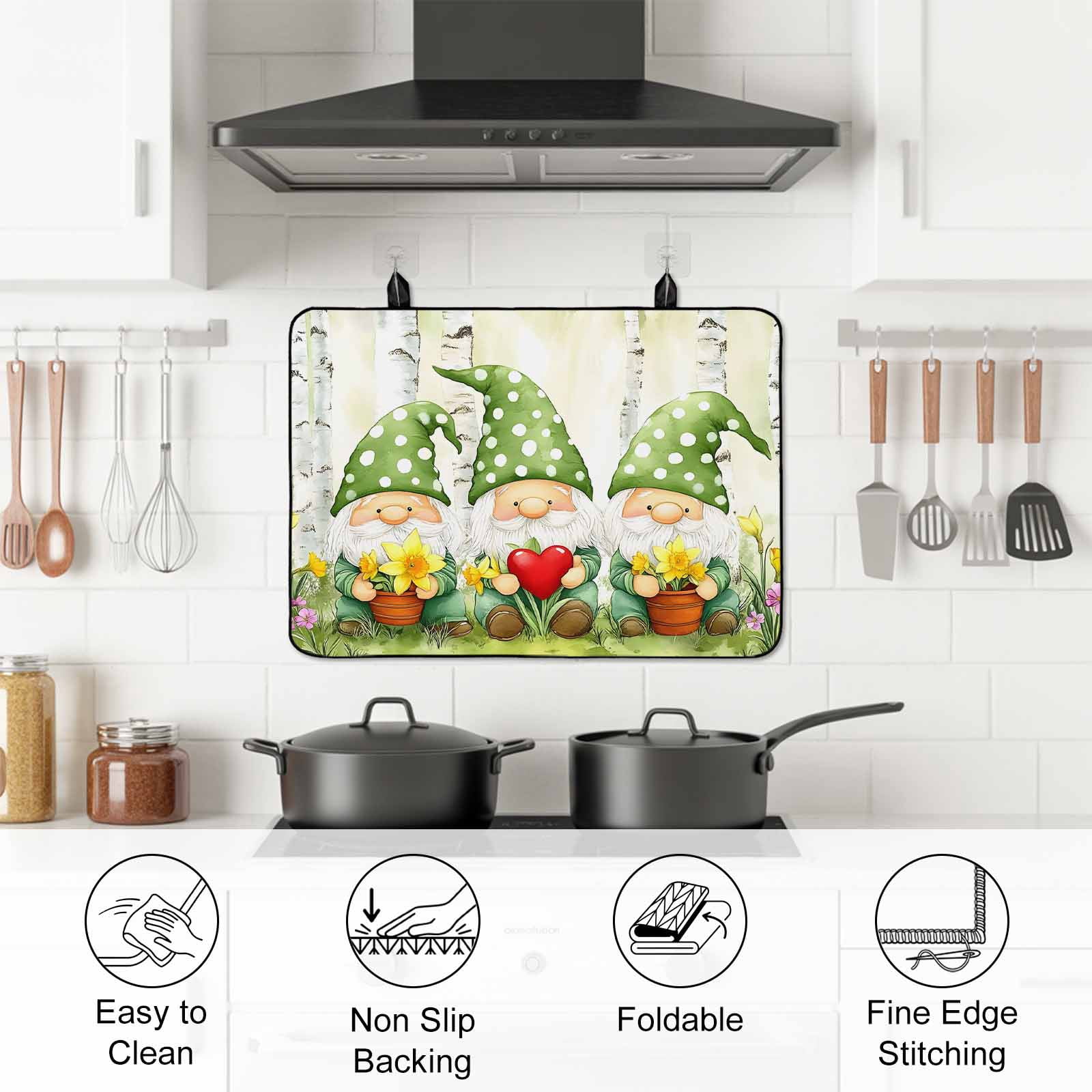 Cute Green Gnomes Stove Top Cover for Electric Stove, Heat-proof & Non Slip Glass Top Stove Cover Protector, Flowers Forest Heart Vintage Kitchen Flat Cooktop Rubber Mat 24x21 Inches