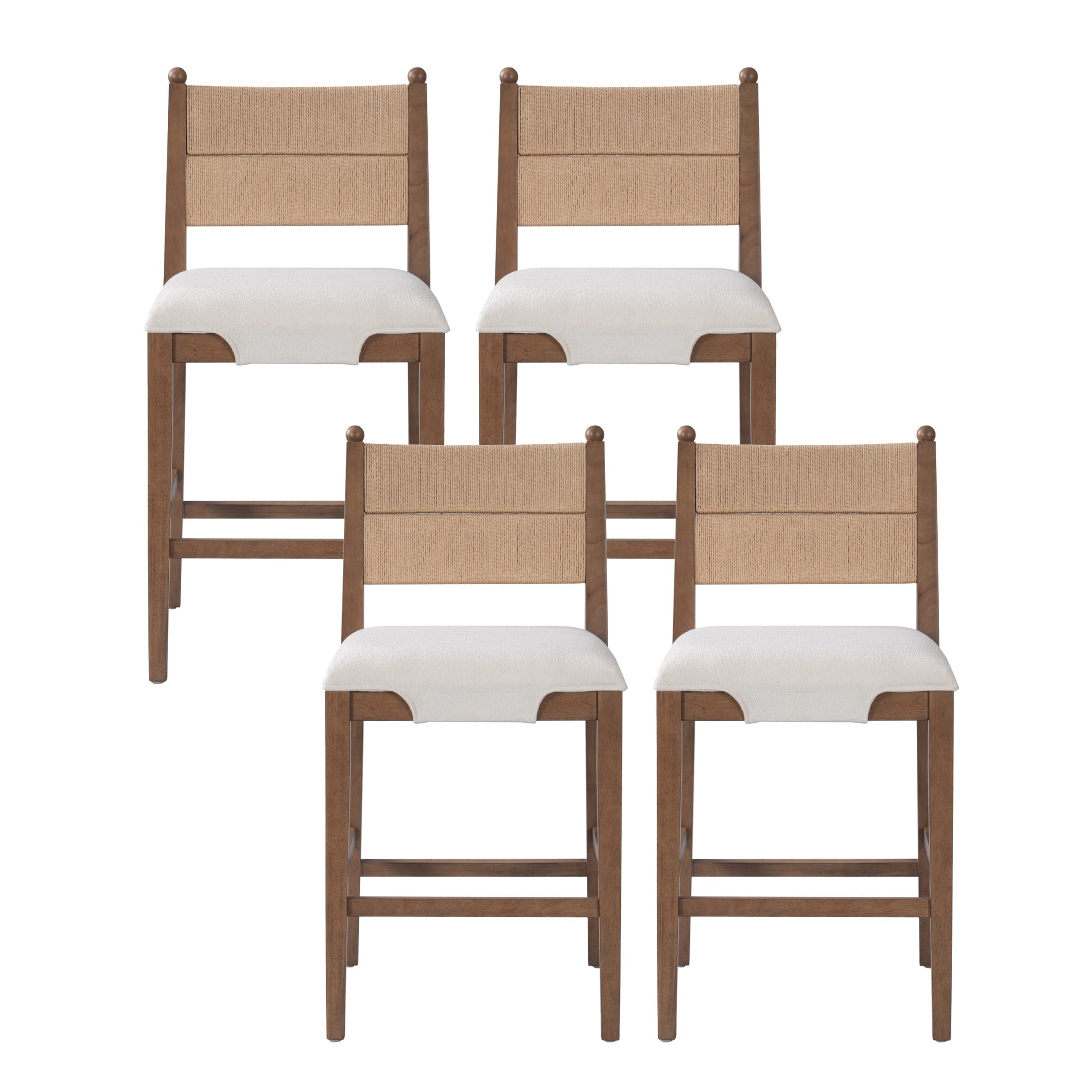 Christopher Knight Home Upholstered Counter Stools, Rope Back, Wood Frame, Beige+Walnut, Set of 4