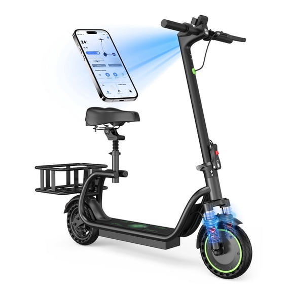 Electric Scooter with Seat for Adults, Foldable Commuter E Scooter with APP Control, Rear Basket, Front Suspension, 19 Miles Range, 19MPH, UL2272 Certified
