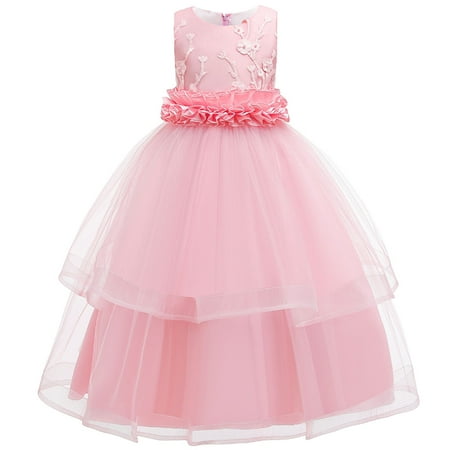 

Efsteb Fashion Girls Dresses Kids Toddler Girl Clothes Round Neck Solid Color Flowers Embroidery Net Yarn Bowknot Birthday Party Gown Sleeveless Princess Dress Pink （8-9 Years）
