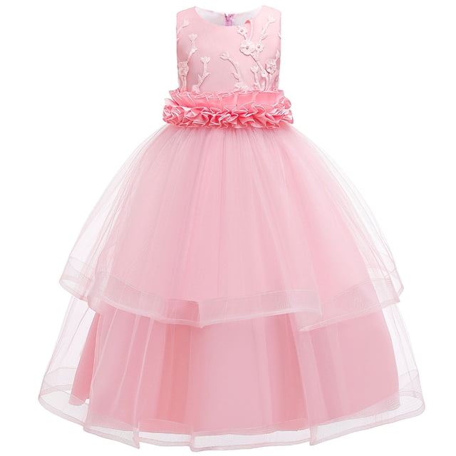 Vestido Para Niñas, Ropa Para Niñas Pequeñas, Flores De Color Sólido Bordadas, Hilo De Red, Lazo, Fiesta De Cumpleaños, Vestido De Flores, Vestidos Para Niños, Rosa Odeerbi LM103-8846