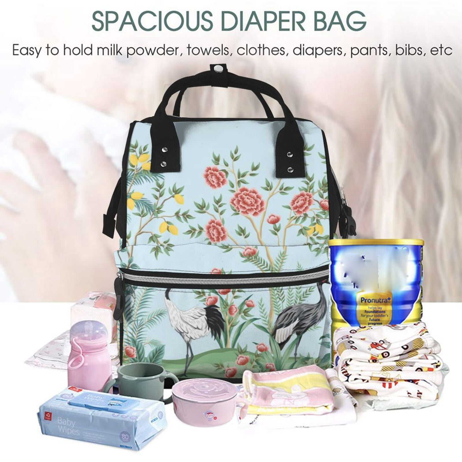Ratiio Chinoiserie Floral Palm Tree Mummy Backpack - Waterproof Twill Canvas, Large Capacity Diaper Bag with Multiple Pockets and Adjustable Straps