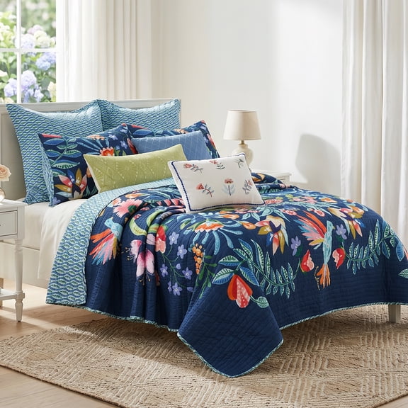 Levtex Home - Danika Navy Quilt Set - Twin Quilt (68x86in) and One Standard Sham (20x26in) - Floral Botanical - Navy - Reversible - Cotton