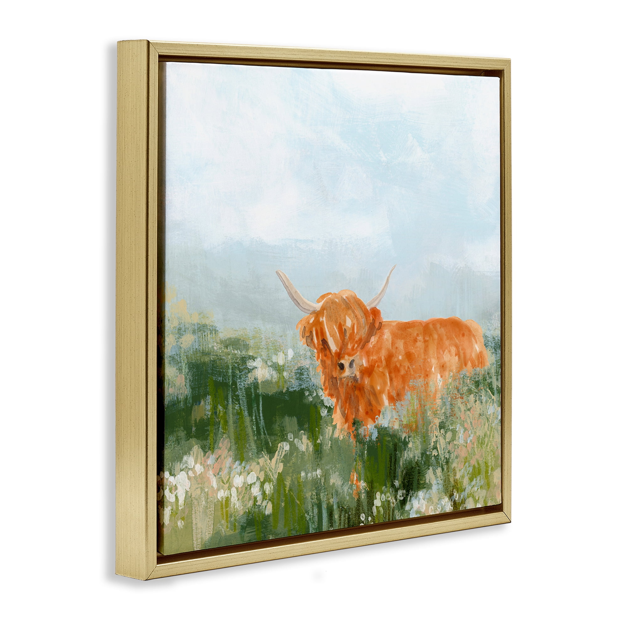 Stupell Industries Highland Cattle Abstraction Animals & Insects Painting Gold Floater Framed Canvas Art Print Wall Art, 18 x 18