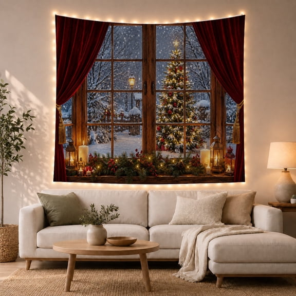Armchair Bookshelf Cat with Window Looking Onto Snowy, Cozy Dark Academia for Book Lovers, Reading Nook Wall Decor, Christmas Gift, Tapestry Wall Hanging for Bedroom and Dorm