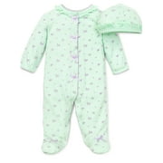 Floral Spray Flower Snap Front Footie Pajamas with Hat For Baby Girls Sleep N Play One Piece Romper Coverall Cotton Infant Footed Sleeper; Pijamas Para Bebes- Green and Pink - 6 Month