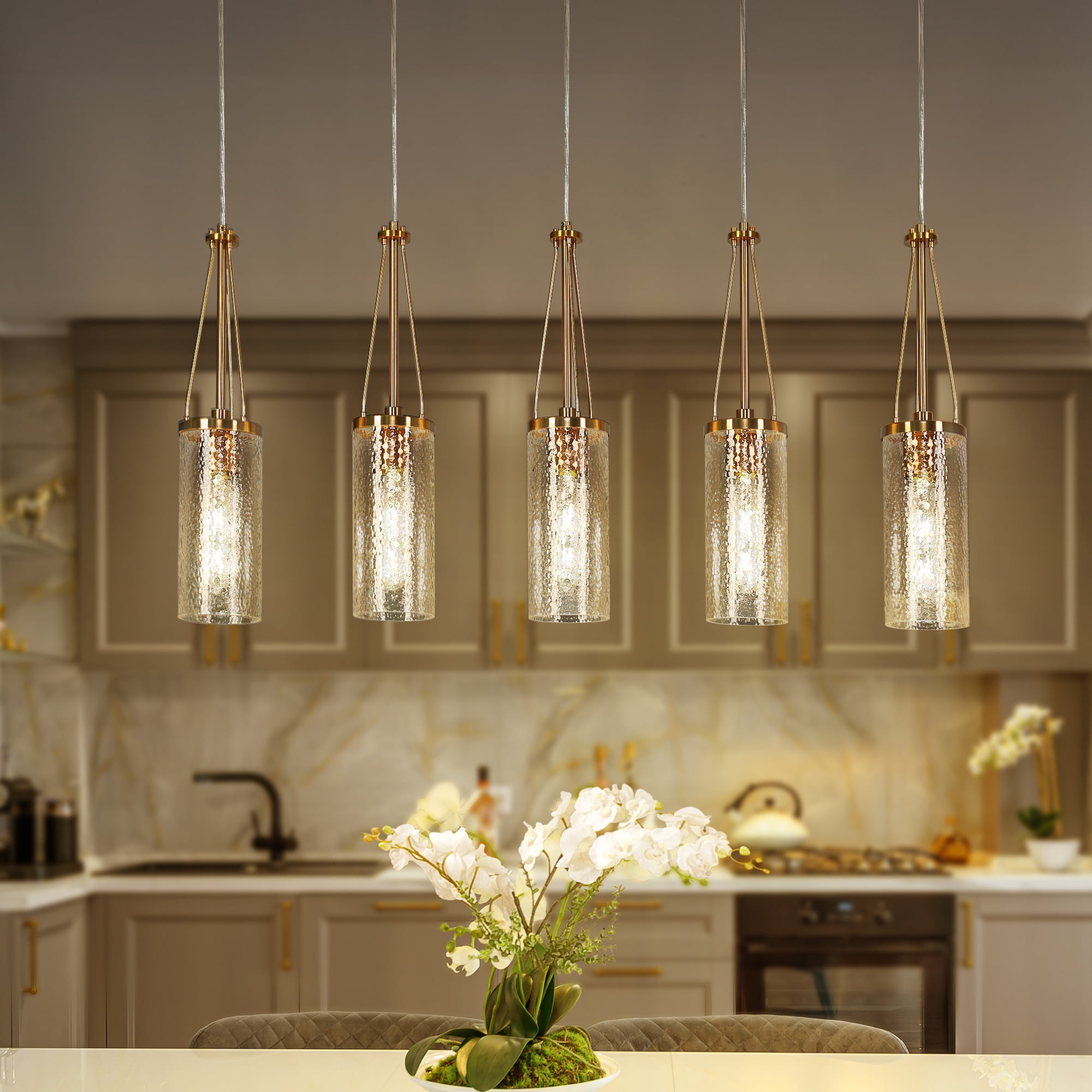 LNC Letophafos 5 -Light Polished Dark Gold with Ripple Glass Modern/contemporary Textured glass Crystal Linear Large Hanging Kitchen Island Light