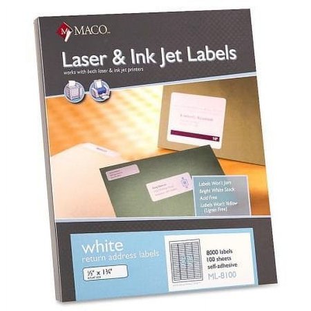 MACO Return Address Labels (ML-8100), 1/2" x 1/3/4", White, 80-up - Box of 100 Sheets (8000 Labels)