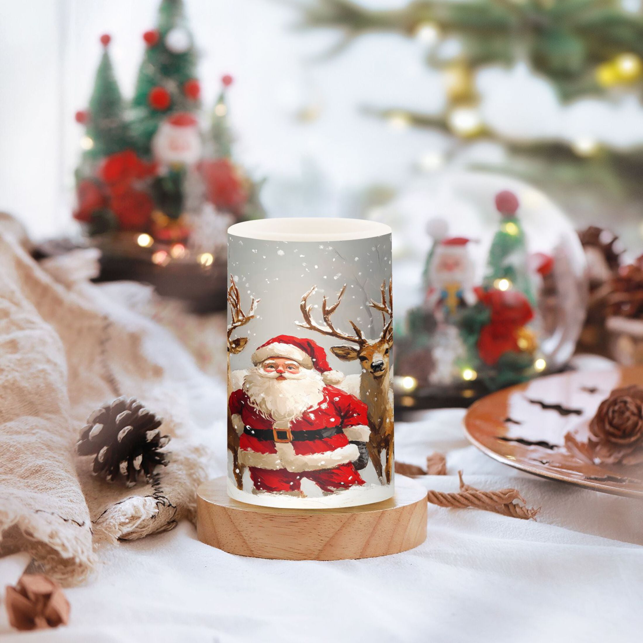 Flickering Flameless LED Candles set of 2 Battery Operated 18-Key Remotes Timer Halloween Fall Decor Christmas Santa Claus with Deers D3''xH4''5''