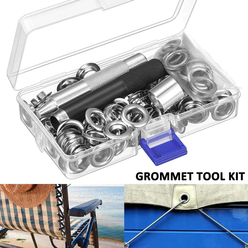 CNKOO 1/2” Grommet Tools Kit 100 Sets of Rust Resistant Grommet Refills  Grommet Eyelets With Storage Box  Hole Punch Tool Kit
