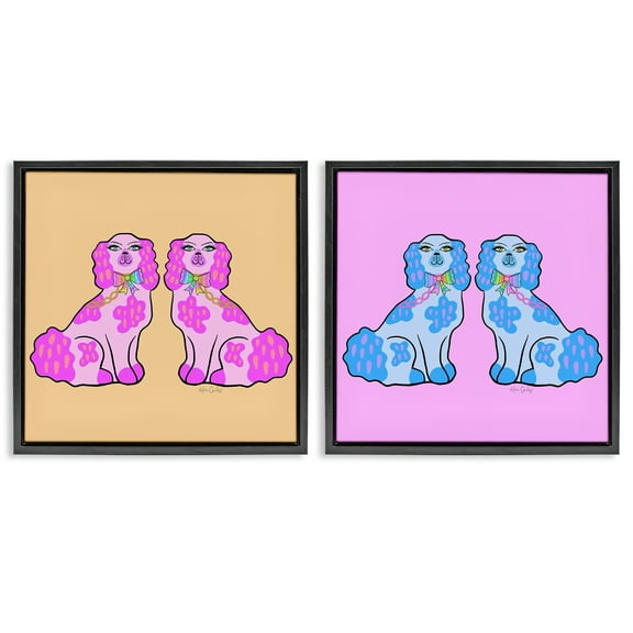 Stupell Industries Brightly Colored Posh Pooches Animals Painting Black Floater Framed Canvas Art Print Wall Art, 18 x 18, Set of 2
