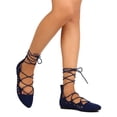 thumbnail image 1 of New Women Qupid Roseburg-01 Faux Suede Pointy Toe Lace Up Cut Out Ankle Tie Flat, 1 of 3
