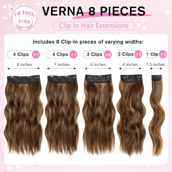 WEIF-Hair Extensions for Women, 8PCS 16 Inch Curly Light Brown Clip in Hair Extensions Mix Blonde, Synthetic Wavy Full Head Thick Hairpieces for Women