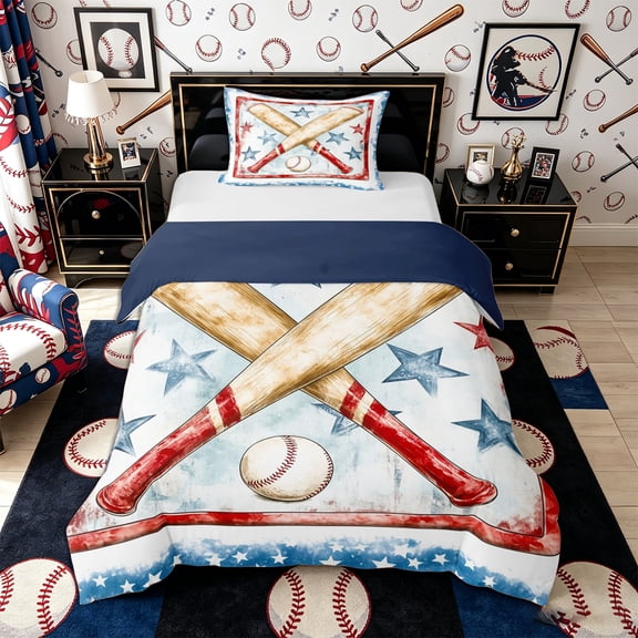 Castle Fairy Sport Baseball Bat Twin Duvet Cover, Vintage Stars Print Twin Bedding, Red Blue White,Navy Blue Reversible,2pcs,1 Duvet Cover and 1 Pillowcase