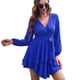 thumbnail image 1 of Laklulu Vestido de Mujer con Cuello en V Profundo y Manga Larga con Lazo en la Cintura y Volantes Mini Vestidos Skater con Swing - Azul,Azul,S, 1 of 6
