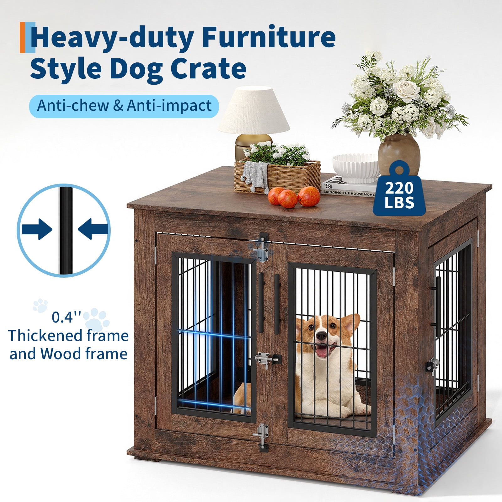 Home Heavy Duty Wooden Farmhouse Dog Crate Furniture with Double Doors, 31 Inch Wooden Dog Kennel End Table for Small / Medium Dogs, Dog House Cage Anti-Chew Pet Furniture