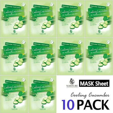 Collagen Facial Sheet Mask Pack (10 Sheets) Face Treatment [NAISTURE] Essence Face Masks - 15 Minute Application For Moisturizing Revitalizing Hydration 0.8 oz, Made in Korea - Cooling