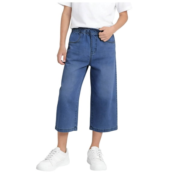 OGLCCG Girls Capri Jeans Straight Leg Denim Capris Pants Elastic Waist Summer Pull On Stretchy Cropped Jeans for Youth Kids 5-15 Years