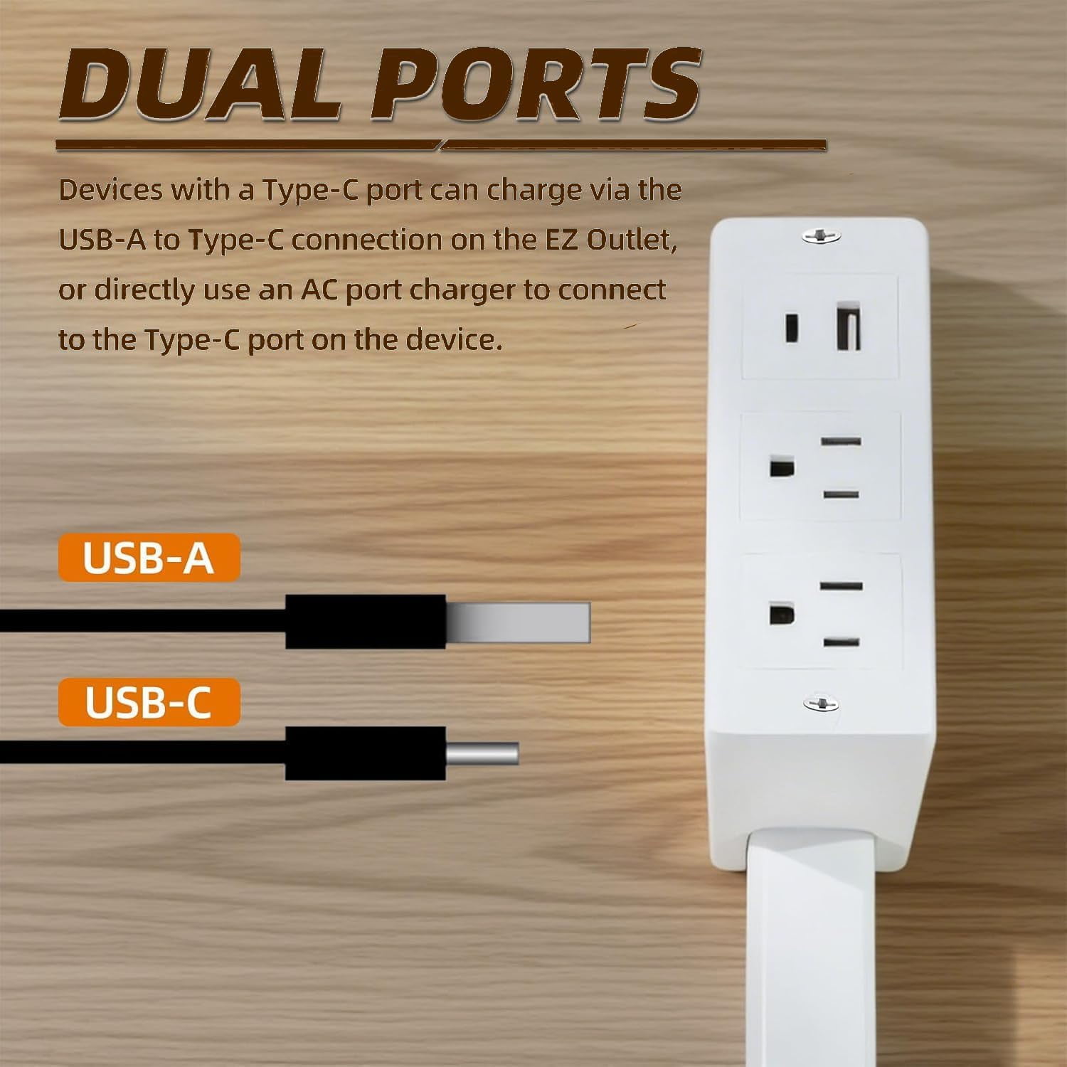 Outlet Extender Stick with Rotating Plug, Extendable 17"-27" Electrical Outlet with 2 AC Outlets/USB-A/USB-C Port, Perfect for Behind Couches, Nightstand, Desk