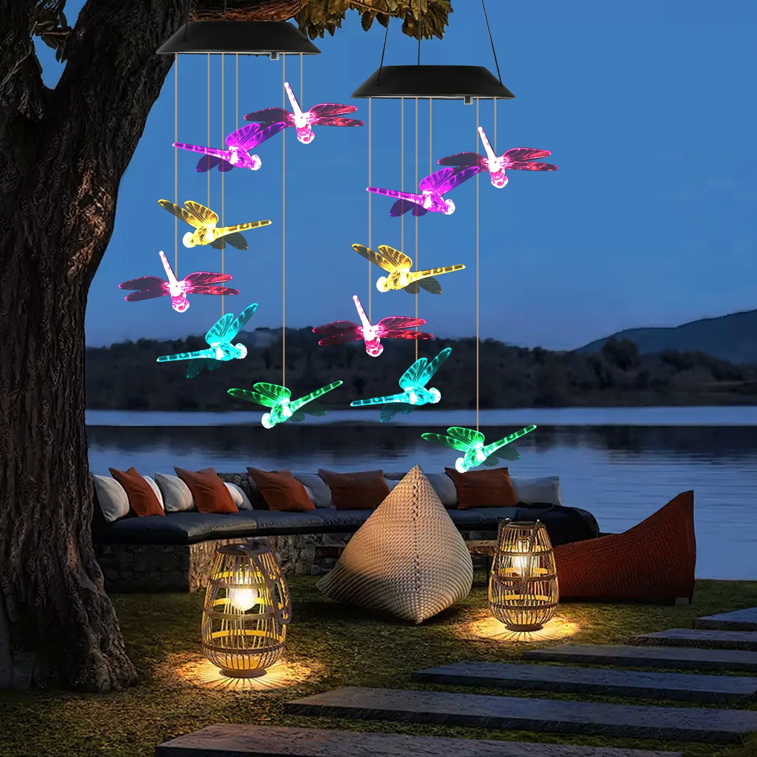 2PCS Solar Dragonfly Wind Chimes Color Changing LED Light IPX4 Waterproof Hanging Decor for Garden Patio Yard