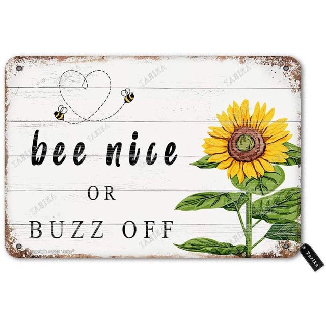 Letrero decorativo de hojalata con diseño vintage "Bee Nice Or Buzz Off" para el hogar, la habitación, la granja, el jardín, el patio al aire libre, divertido tamaño de decoración de pared: 8 x 12