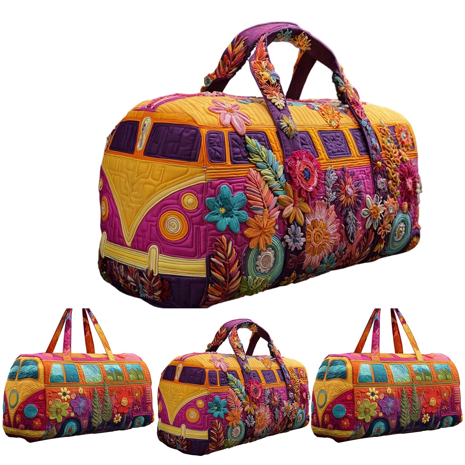 Hippie Van Quilted Duffle Bag, Boho Travel Weekender Bag with Adjustable Strap, Retro Style for Everyday Travel
