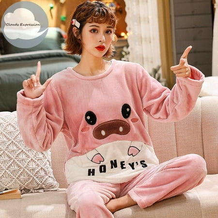 

QWZNDZGR Winter Flannel Women Sleepwear Pajamas Girls Cartoon Print Pajama Set Pullover Coral Fleece Pijamas Mujer Home Suits 3XL
