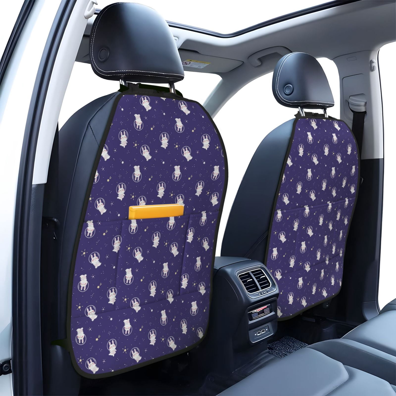 Kdxio Astronaut Rabbit Print 2 Pack Car Kick Mat Seat Cover Back Protector Mat with Pockets for Organizer Backseat Protector and Storage Anti Kick Pad for Vehicles