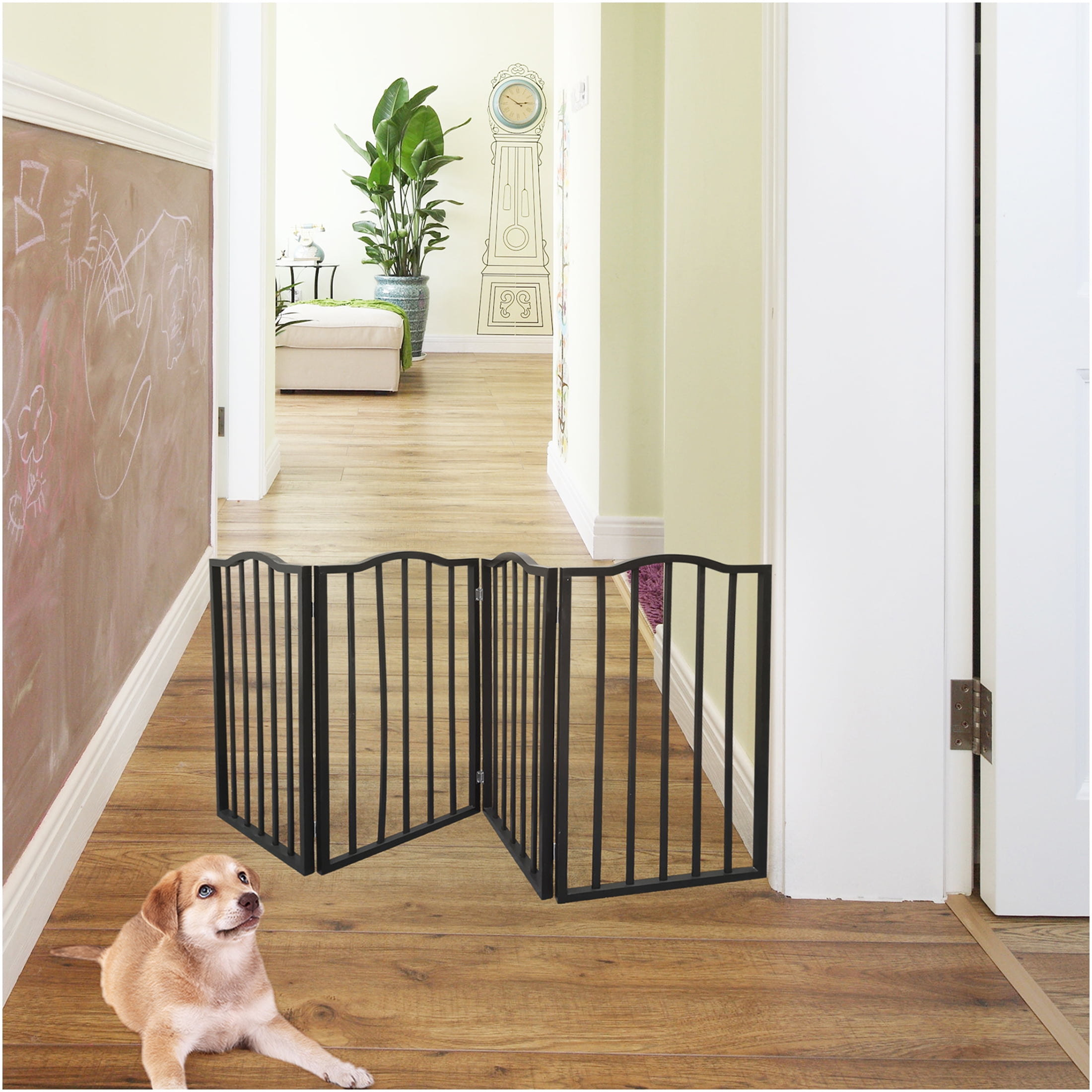 JERFIT Extra Wide Freestanding Pet Gate for Doorways & Stairs, Dark Brown Solid Wood Folding Dog Gate, No Tools Needed Pressure Mount Baby Gate for House