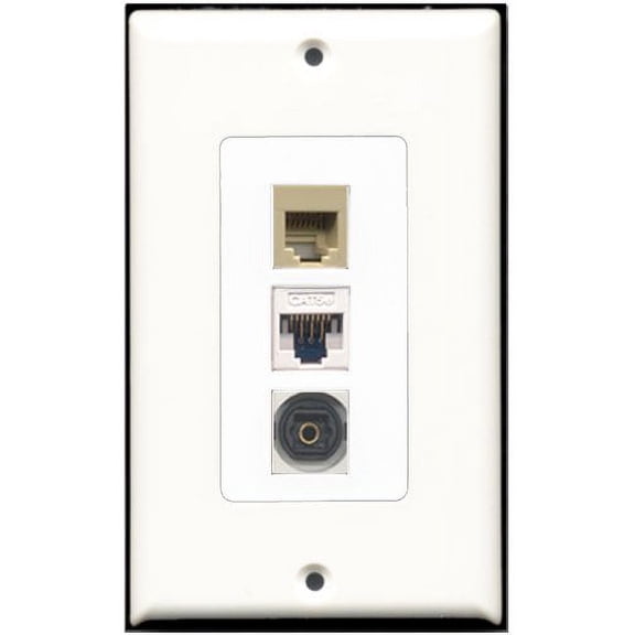RiteAV - 1 Port Phone RJ11 RJ12 Beige 1 Toslink 1 Cat5e Ethernet White Wall Plate Decorative