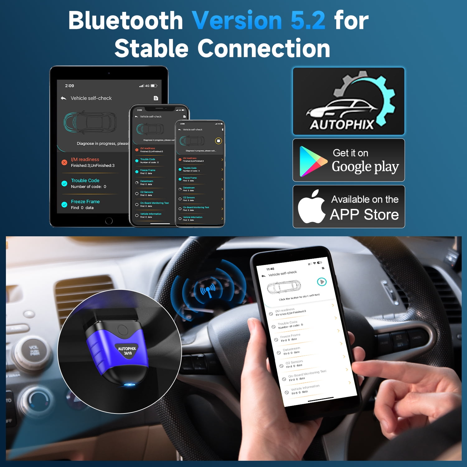 Autophix 3610 Wireless Bluetooth OBD2 Scanner Fits for VW Audi Skoda Seat Cars Scan Full-System Car Code Reader OBD2 Scanner with EPB Service Reset Throttle Learning for VAG Vehicles Diagnostic Tool