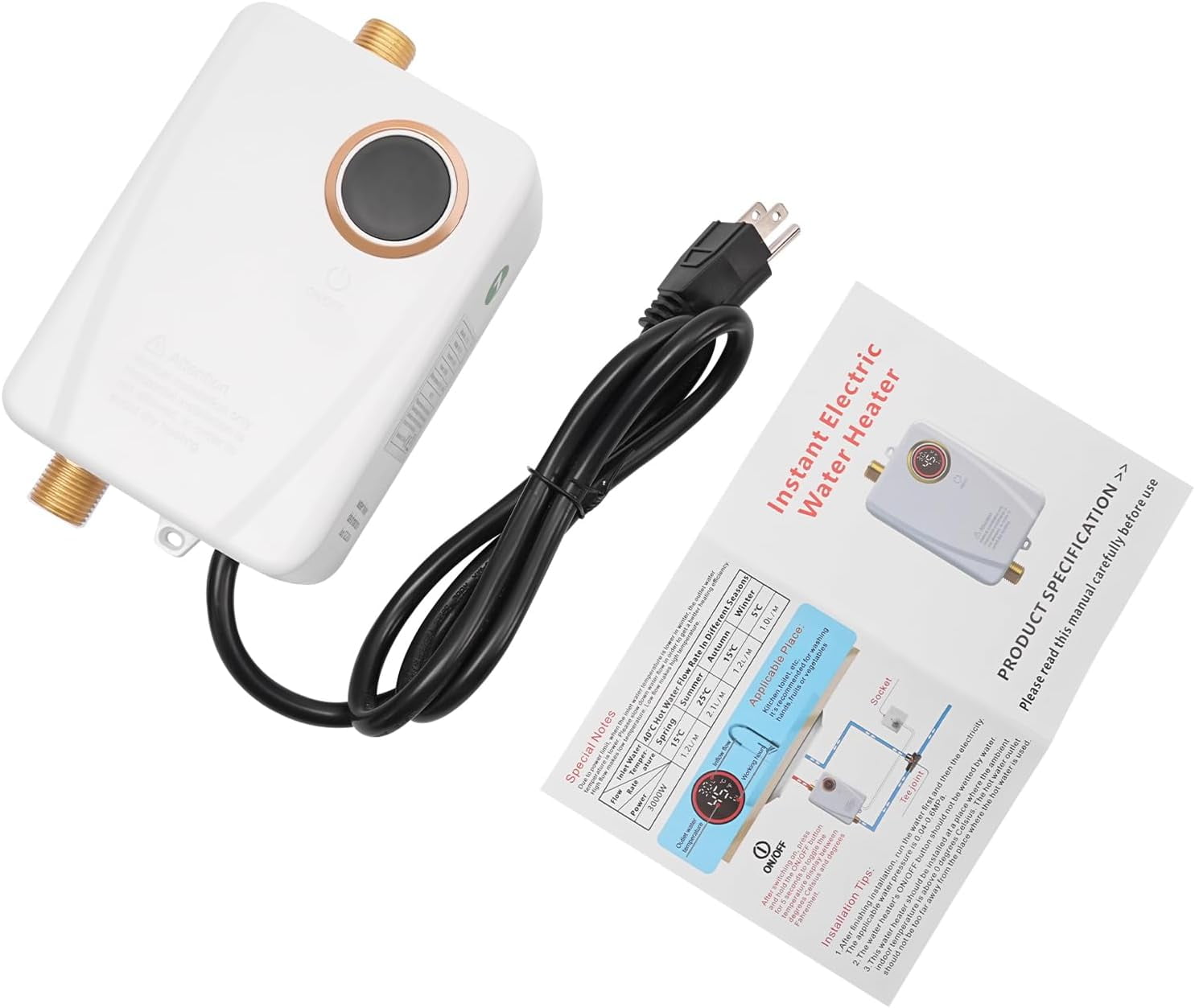 3000W 110V Tankless Water Heater Electric, Instant Water Heater Under Sink Electric Mini Tankless Water Heater with Digital Display, On Demand Hot Water Heater for Kitchen, Toilet (White)