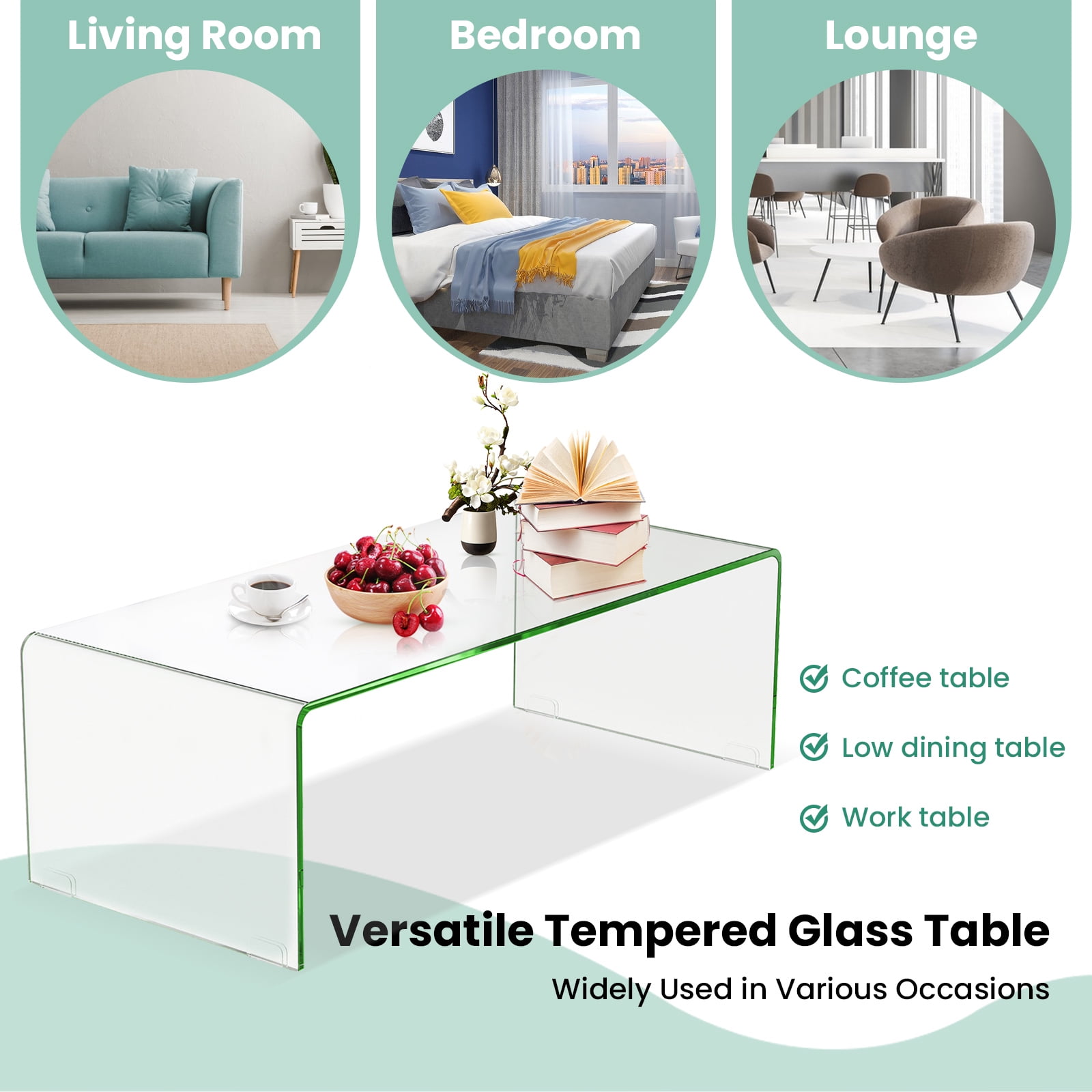Costway Tempered Glass Coffee Table Accent Cocktail Side Table Living Room Furniture