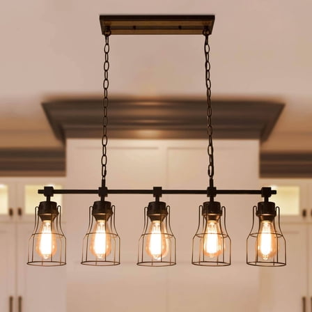 LNC 32-in Industrial Black Cage Chandelier with Wood Accent for Kitchen Island & Dining