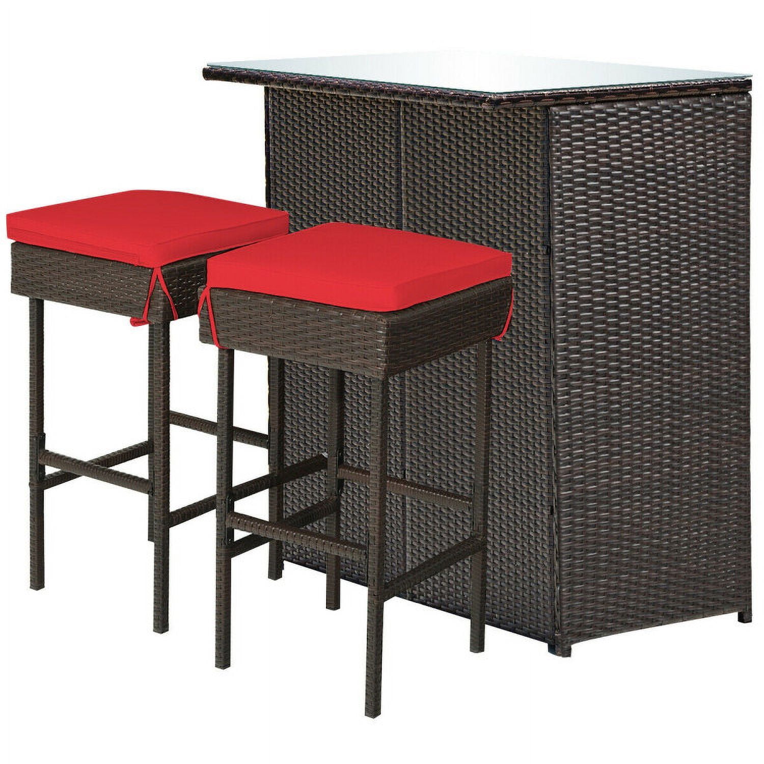 Aimee Lii 3PCS Patio Rattan Wicker Bar Table Stools Dining Set, Outdoor Patio Furniture, Red