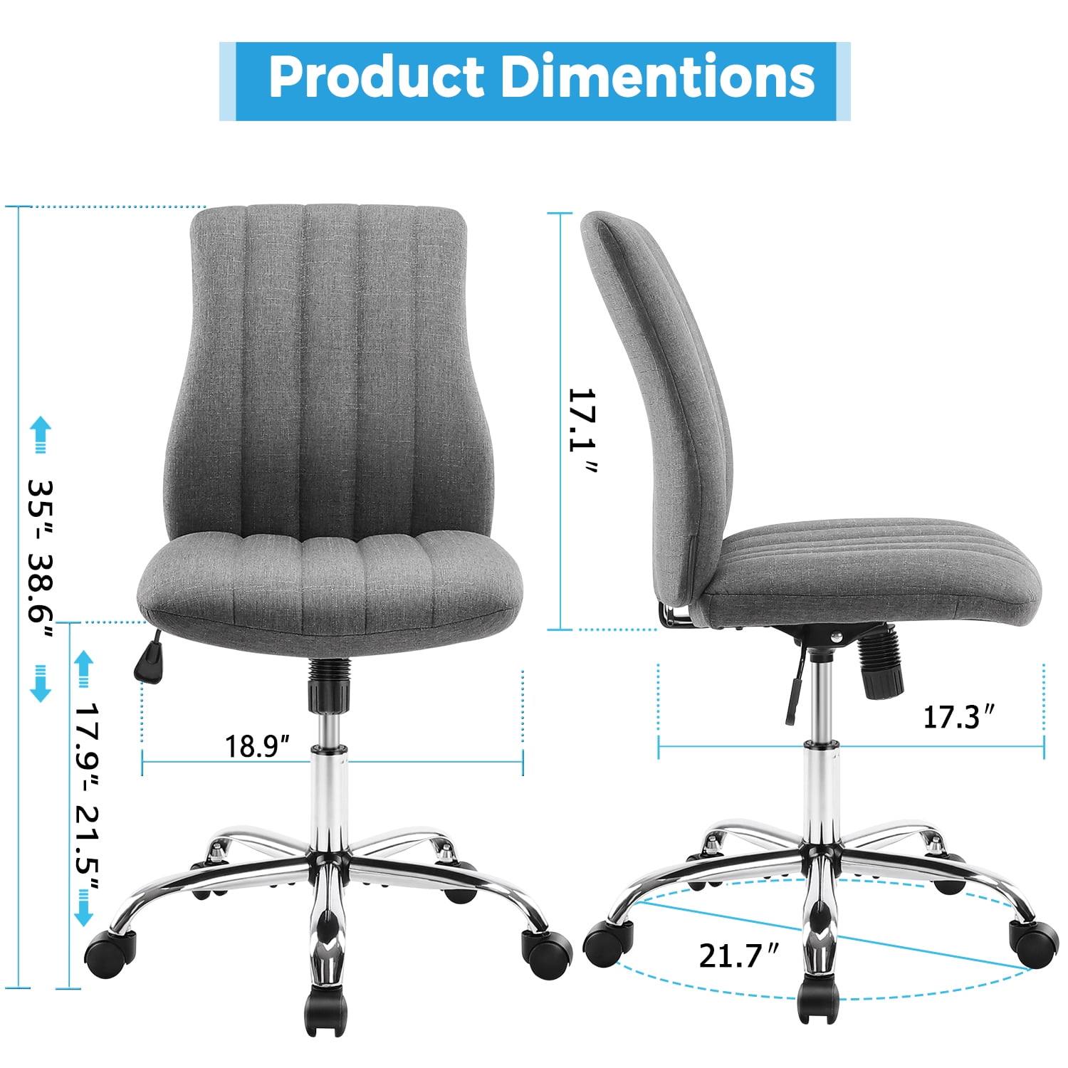 JOINSUN Mid-Back Vanity Chair, Adjustable Rolling Chair, Armless Modern Design for Home Office, Makeup & Small Spaces - Gray
