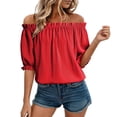 thumbnail image 2 of YVNAURA Womens Puff Short Sleeve Off Shoulder Tops 2026 Fashion Cute Casual Blouse Loose Fit Smocked Elastic Lightweight Summer Shirt Dressy Beach Travel Vacation Clothing, Red,XXL, 2 of 6