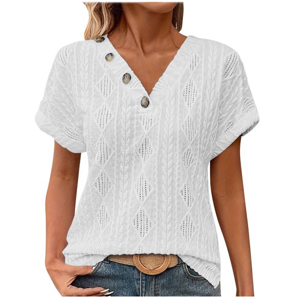 Wlynlyn Womens Summer Tops Crochet Short Sleeve Shirts Casual V Neck T Shirts Solid Color Tops Blouses L