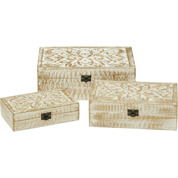 Wood Floral Handmade Decorative Box Decorative Keepsake Boxes with Hinged Lid, Set of 3 Storage Boxes 8", 10", 12"W, White