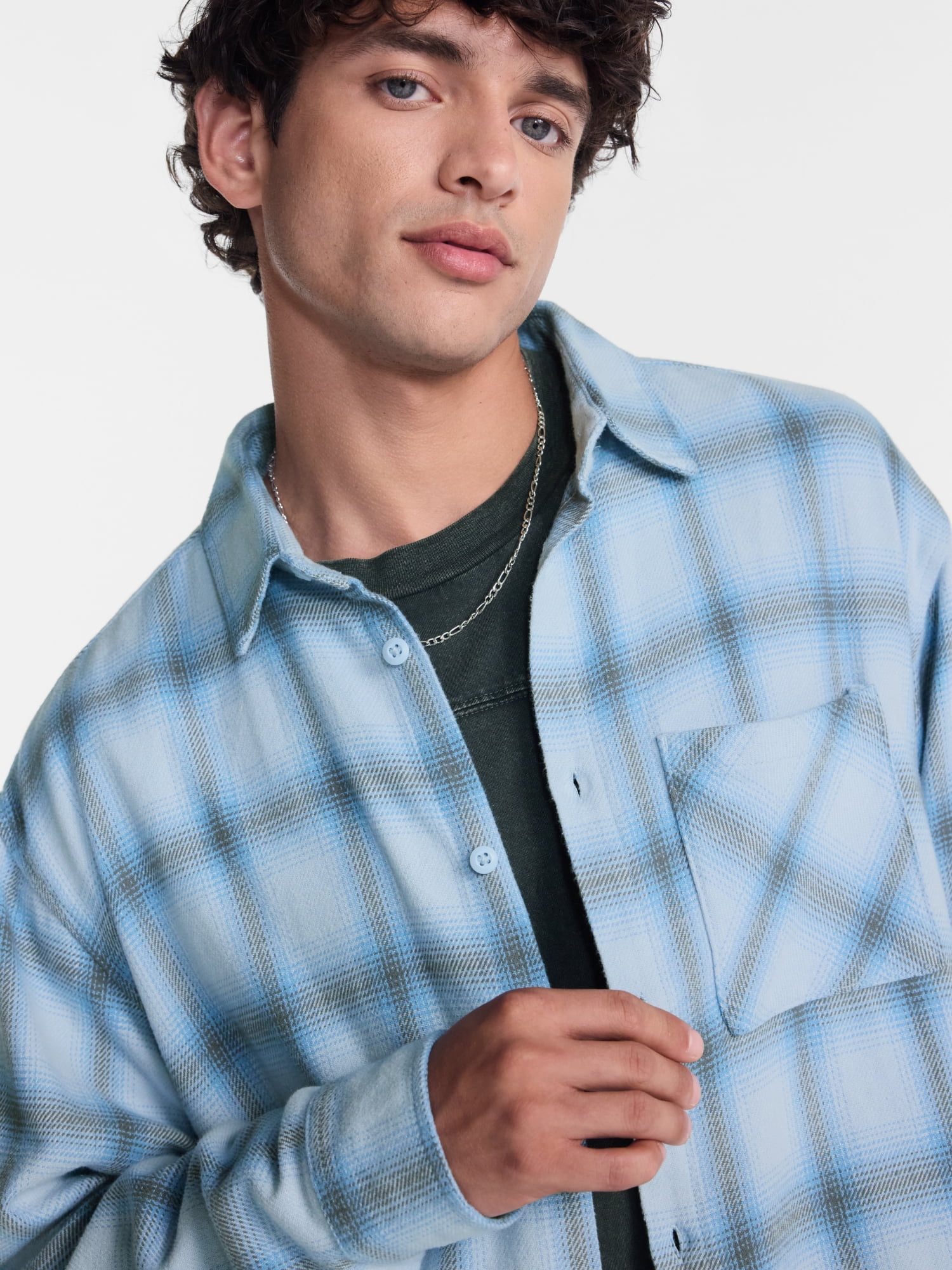 No Boundaries Boxy Cotton Plaid Flannel with Long Sleeves, Men's and Big Men's XS-4XLT