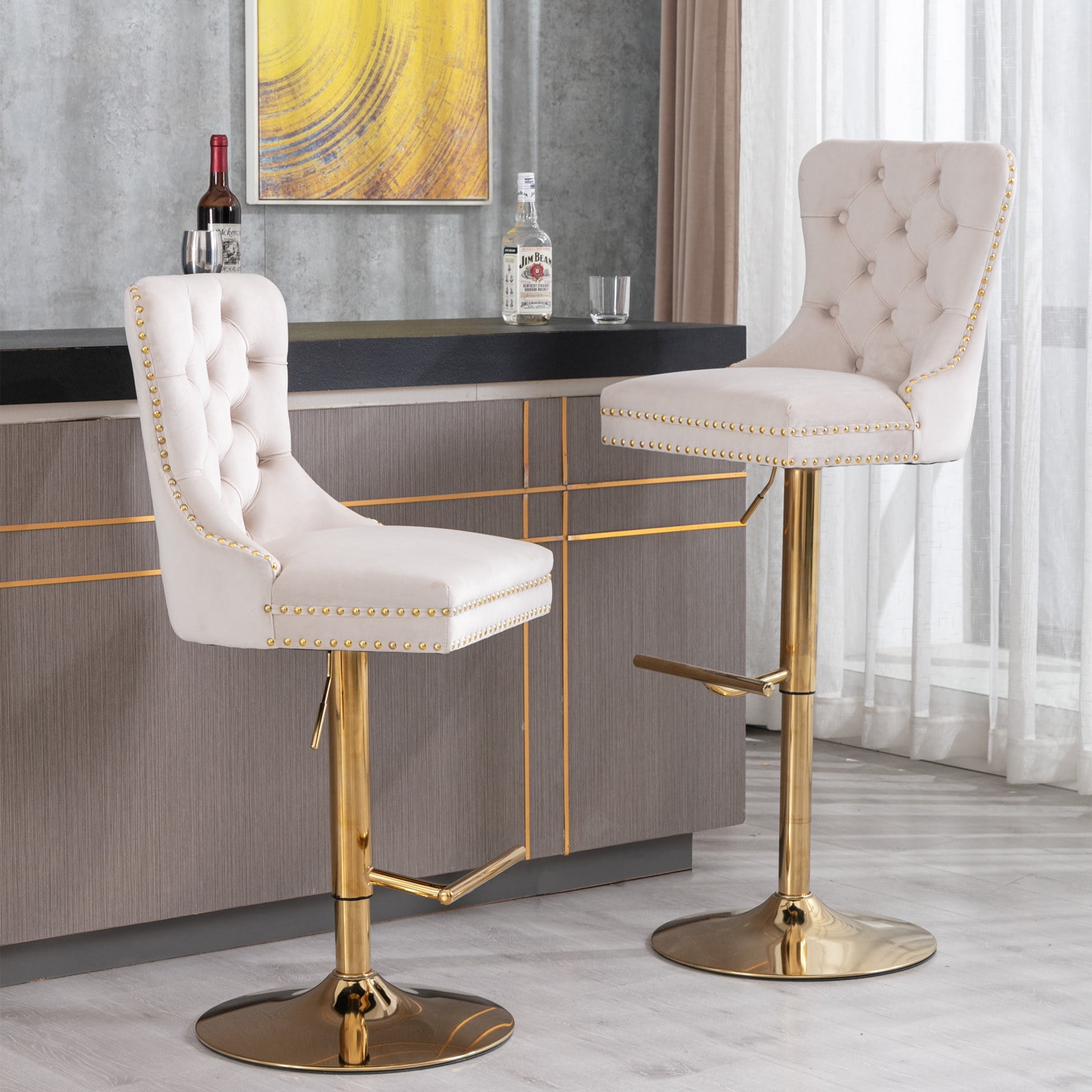 4-Piece Velvet Swivel Bar Stools, Adjustable Counter Height Dining Bar Chairs with Tufted Backrest and Nailhead Trim for Kitchen Island （Beige with Gold Leg）