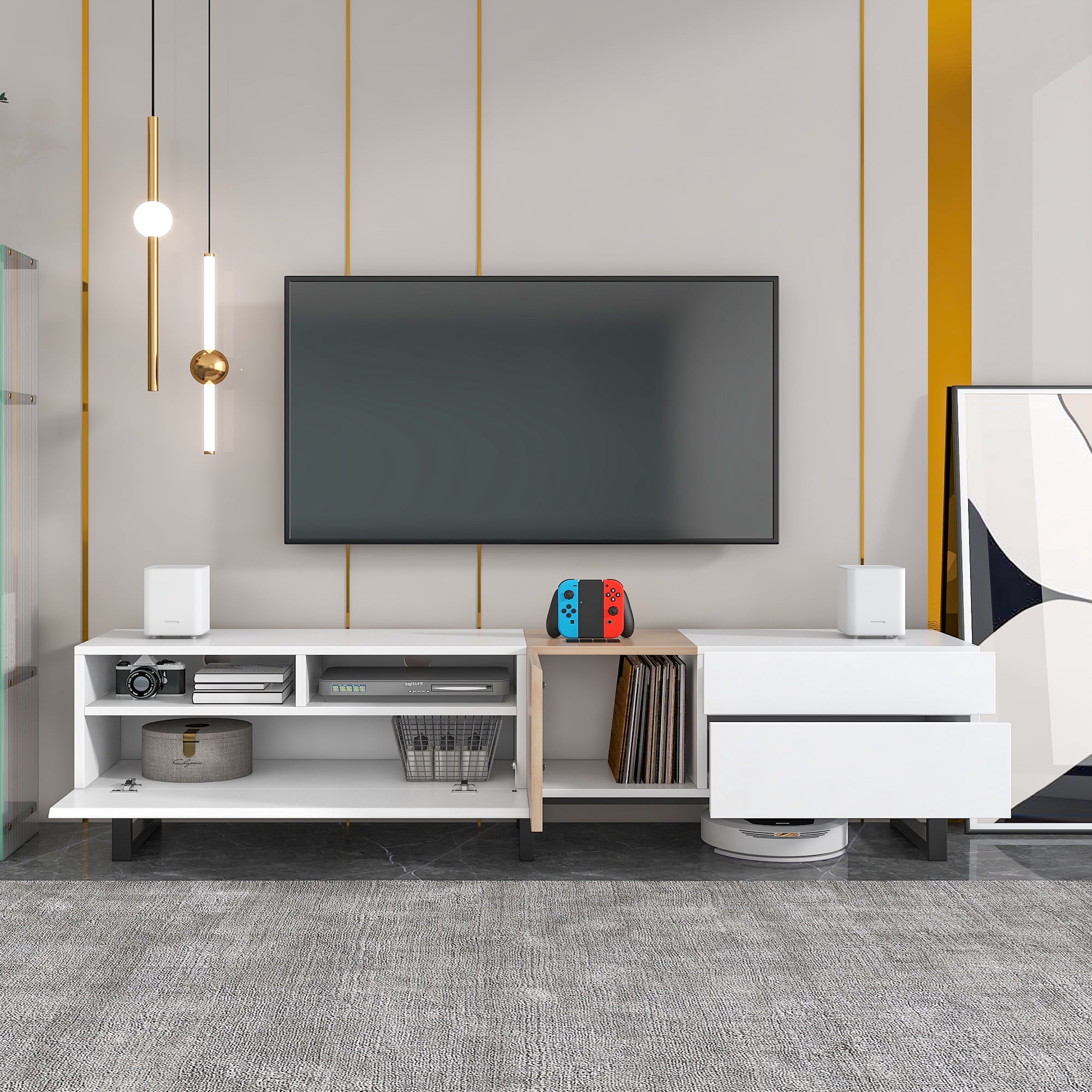Aukfa Modern TV Stand for 80'' TV, Media Console Table with Drop Down Door for Living Room, Bedroom - White