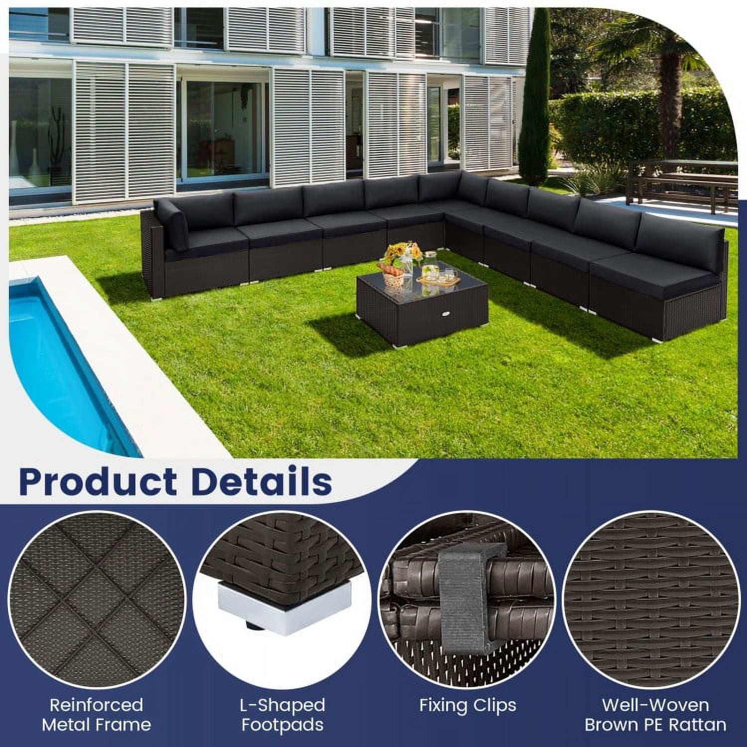 Aimee Lii 10 Piece Outdoor Wicker Conversation Set with Seat and Back Cushions, Outdoor Patio Furniture, Black